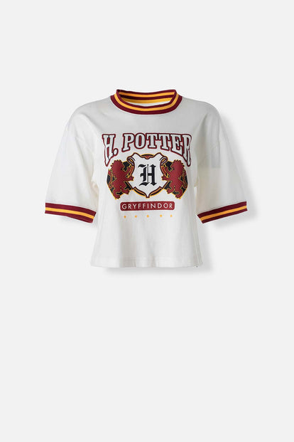  POLERA  DE HARRY POTTER MARFIL Y VINOTINTO ESTAMPADA EN FRENTE PARA MUJER