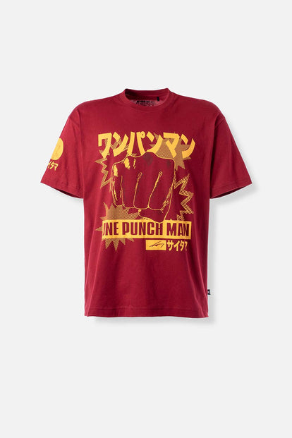  POLERA  DE ONE PUNCH MAN MANGA CORTA ROJO BOSQUE PARA HOMBRE