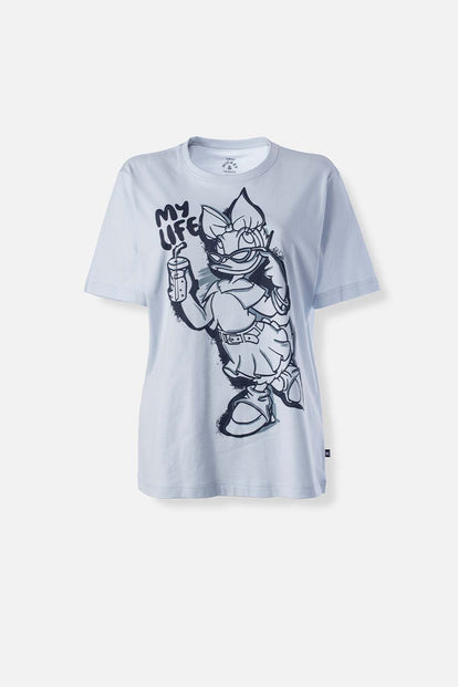  POLERA  DE DAISY AZUL ESTAMPADA EN FRENTE PARA MUJER
