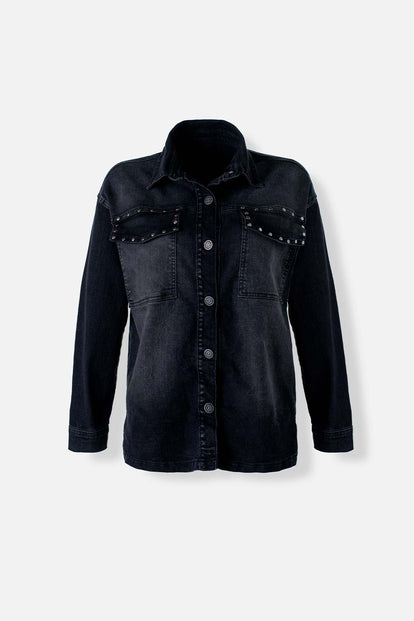  CHAQUETA DE MOVIES NEGRA CON TACHES DECORATIVOS PARA MUJER